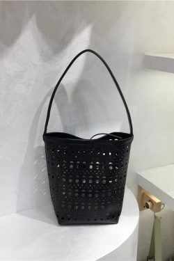 Summer Hollow Carved Design Soft Leather Large Capacity Shoulder Bucket Bag - Trendy Y2K Fashion Accessory