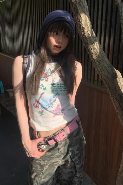 Summer Hooded Sleeveless Vest for Women, Creative Printed Slim Fit T-Shirt, Trendy Cool Style for Girls