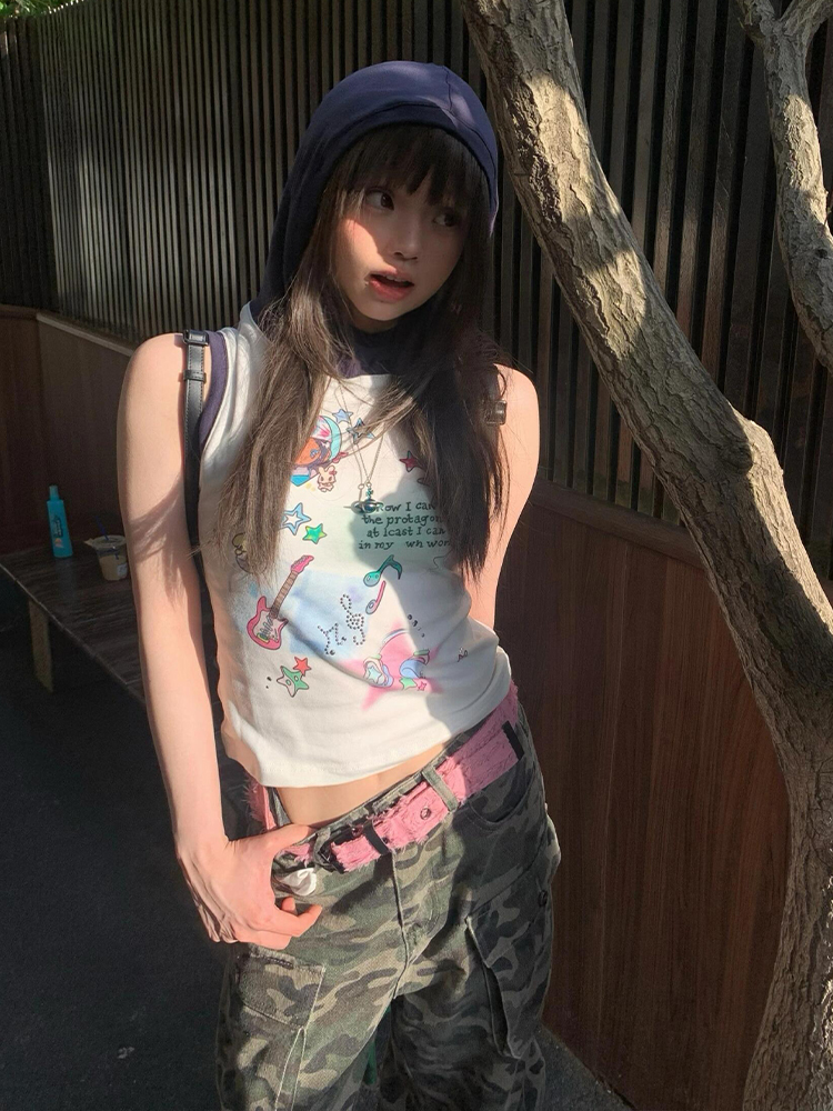 Summer Hooded Sleeveless Vest for Women, Creative Printed Slim Fit T-Shirt, Trendy Cool Style for Girls Summer Hooded Sleeveless Vest for Women, Creative Printed Slim Fit T-Shirt, Trendy Cool Style for Girls