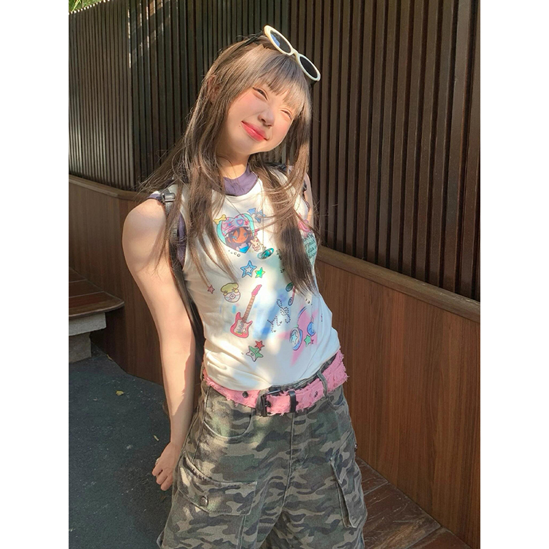 Summer Hooded Sleeveless Vest for Women, Creative Printed Slim Fit T-Shirt, Trendy Cool Style for Girls Summer Hooded Sleeveless Vest for Women, Creative Printed Slim Fit T-Shirt, Trendy Cool Style for Girls