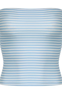 Summer Island Blue Strapless Striped Tank Top for Women, Elastic Wrap, Backless Design, Skin Tone Enhancing, Y2K Style