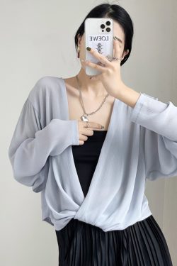 Summer Knot Shawl Long Sleeve Airy Chiffon Top - Sun Protection Slim Fit Wrinkled Outer Shirt for Air Conditioning