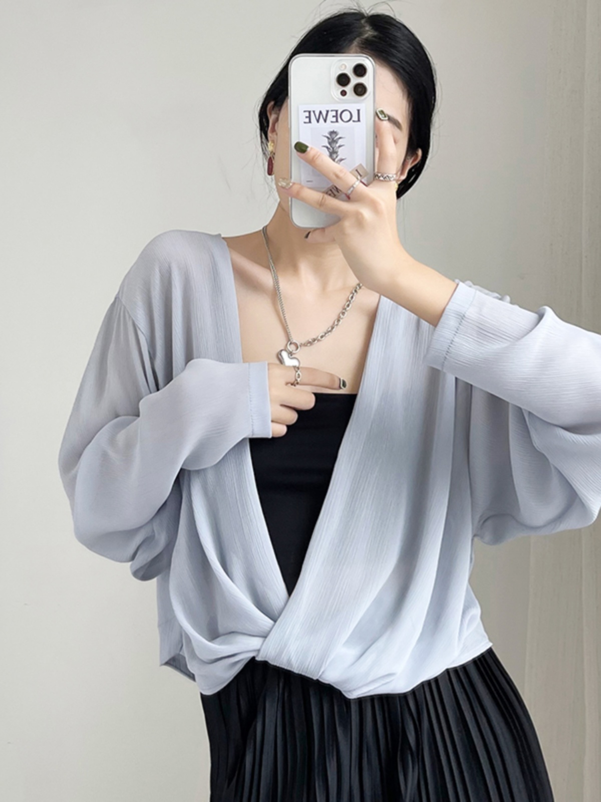 Summer Knot Shawl Long Sleeve Airy Chiffon Top - Sun Protection Slim Fit Wrinkled Outer Shirt for Air Conditioning Summer Knot Shawl Long Sleeve Airy Chiffon Top - Sun Protection Slim Fit Wrinkled Outer Shirt for Air Conditioning
