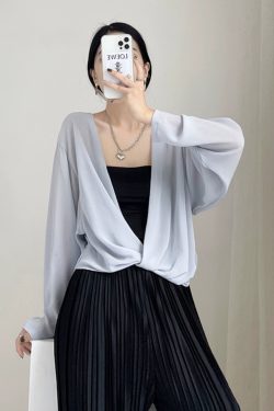 Summer Knot Shawl Long Sleeve Airy Chiffon Top - Sun Protection Slim Fit Wrinkled Outer Shirt for Air Conditioning