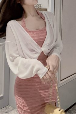 Summer Knot Shawl Long Sleeve Airy Chiffon Top - Sun Protection Slim Fit Wrinkled Outer Shirt for Air Conditioning