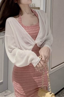 Summer Knot Shawl Long Sleeve Airy Chiffon Top - Sun Protection Slim Fit Wrinkled Outer Shirt for Air Conditioning