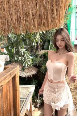 Summer Lace Splicing Fishbone Bustier & Short Skirt Two-Piece Set - Sweet Desire Aesthetic, Perfect for 90s or Y2K Style Outfits