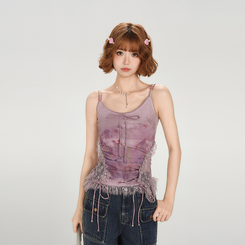 Summer Lace Splicing Printed Slim-Fit Tank Top for Women - American Style Spicy Girl Fashion Summer Lace Splicing Printed Slim-Fit Tank Top for Women - American Style Spicy Girl Fashion