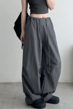 Summer Loose Low-Waist Drawstring Cargo Pants for Women - Spicy Girl Style Wide-Leg Pleated Parachute Pants