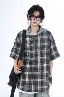 Summer Loose Plaid Hooded Short-Sleeve Shirt for Women - Casual Chic Style