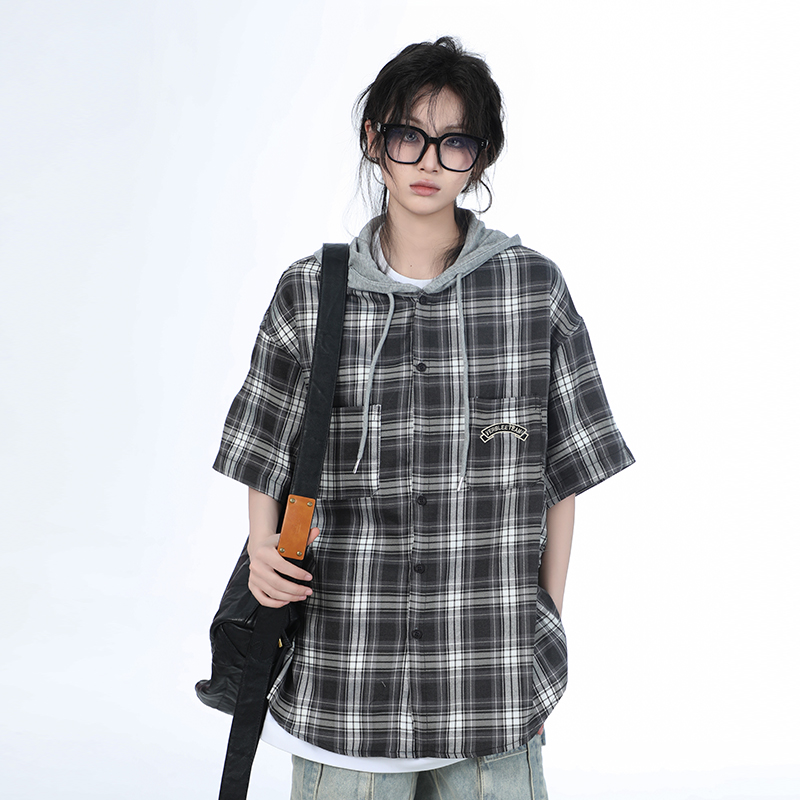 Summer Loose Plaid Hooded Short-Sleeve Shirt for Women - Casual Chic Style Summer Loose Plaid Hooded Short-Sleeve Shirt for Women - Casual Chic Style