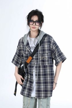 Summer Loose Plaid Hooded Short-Sleeve Shirt for Women - Casual Chic Style