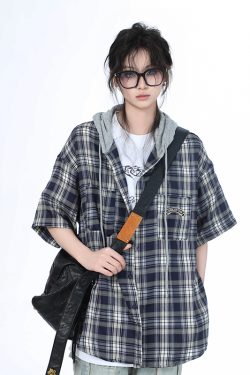 Summer Loose Plaid Hooded Short-Sleeve Shirt for Women - Casual Chic Style