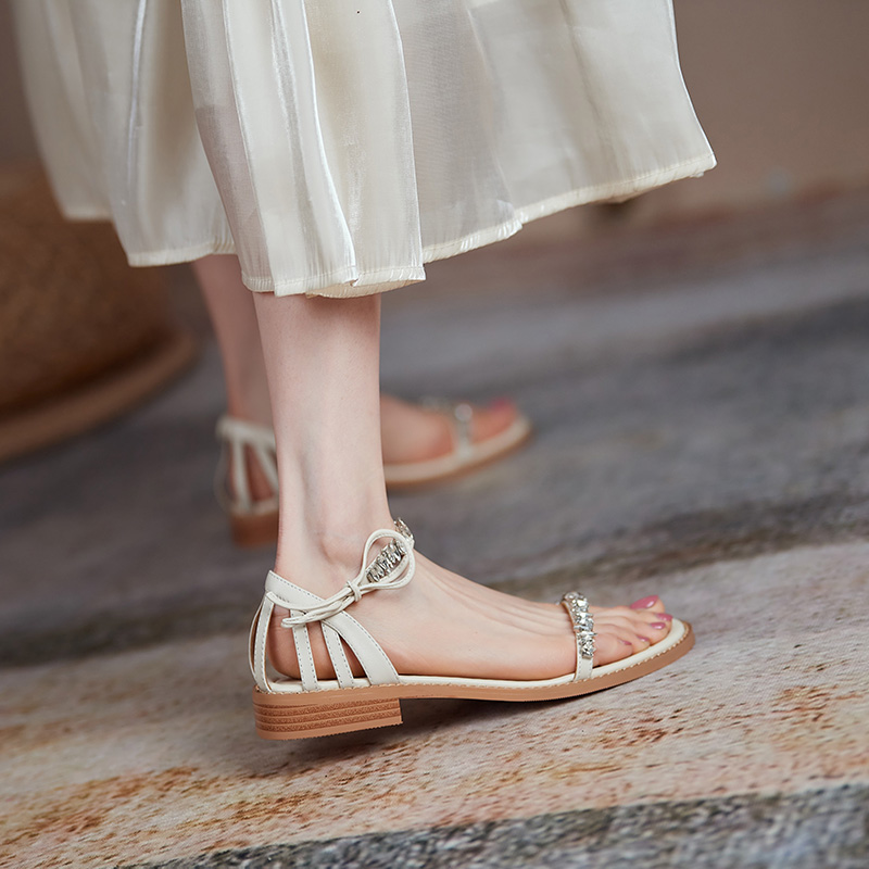 Summer Low-Heeled Flat Sandals for Women - One-Strap Design, Forest Style, Fairy Vibe, Slimming Fit with Water Diamonds Summer Low-Heeled Flat Sandals for Women - One-Strap Design, Forest Style, Fairy Vibe, Slimming Fit with Water Diamonds
