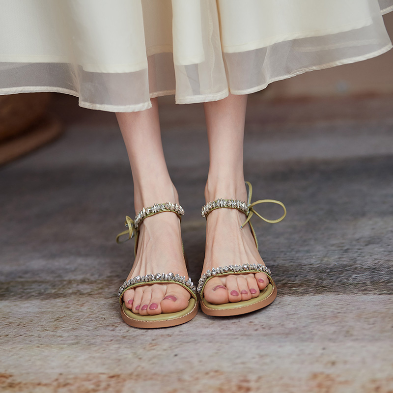 Summer Low-Heeled Flat Sandals for Women - One-Strap Design, Forest Style, Fairy Vibe, Slimming Fit with Water Diamonds Summer Low-Heeled Flat Sandals for Women - One-Strap Design, Forest Style, Fairy Vibe, Slimming Fit with Water Diamonds