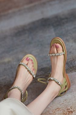 Summer Low-Heeled Flat Sandals for Women - One-Strap Design, Forest Style, Fairy Vibe, Slimming Fit with Water Diamonds