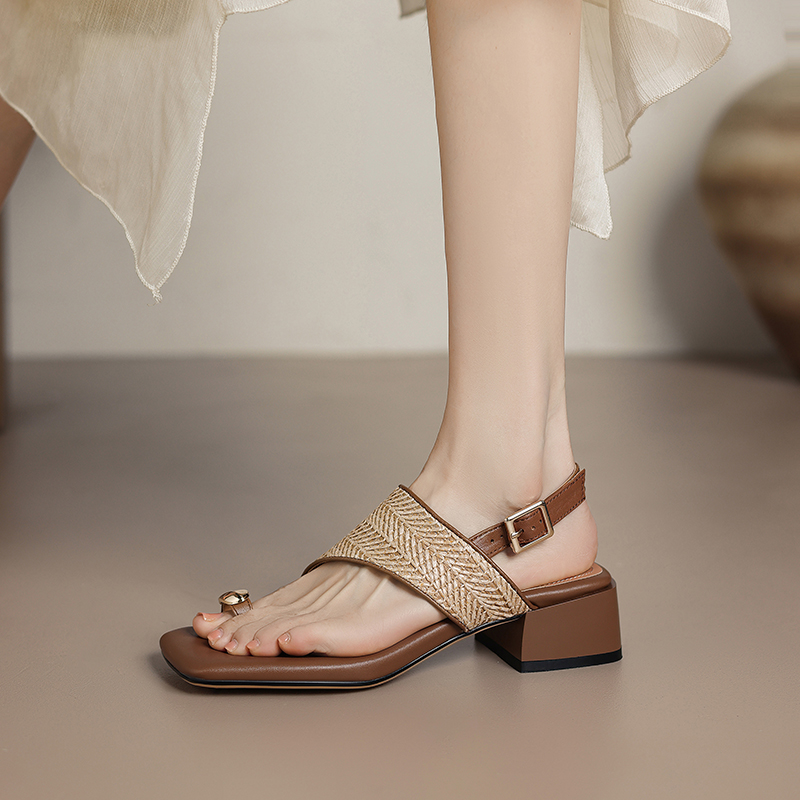 Summer Mid-Heel Slip-On Sandals for Women - Square Toe Woven Minimalist One-Strap Vacation Style Footwear Summer Mid-Heel Slip-On Sandals for Women - Square Toe Woven Minimalist One-Strap Vacation Style Footwear