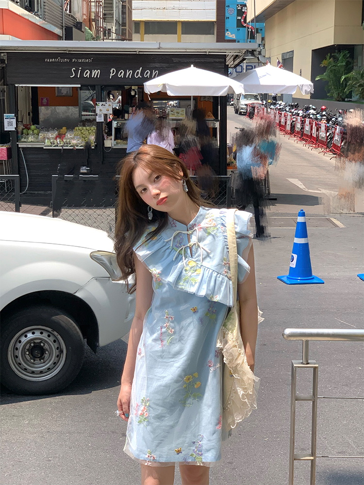 Summer of Cicadas Chinese Style Embroidered Button Short Sleeve Dress for Women - Vintage Short Flutter Sleeve Skirt Summer of Cicadas Chinese Style Embroidered Button Short Sleeve Dress for Women - Vintage Short Flutter Sleeve Skirt