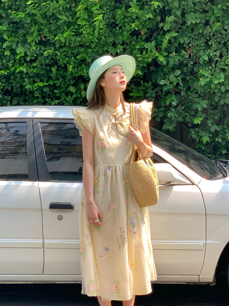 Summer of Cicadas Chinese Style Embroidered Button Short Sleeve Dress for Women - Vintage Short Flutter Sleeve Skirt Summer of Cicadas Chinese Style Embroidered Button Short Sleeve Dress for Women - Vintage Short Flutter Sleeve Skirt
