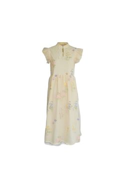 Summer of Cicadas Chinese Style Embroidered Button Short Sleeve Dress for Women - Vintage Short Flutter Sleeve Skirt