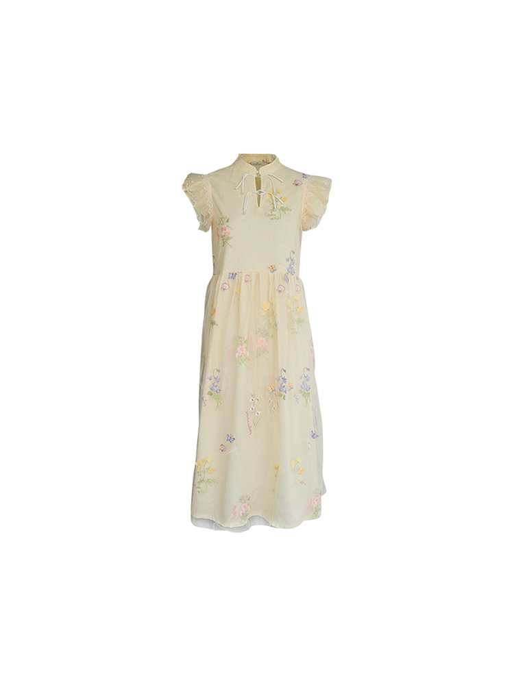 Summer of Cicadas Chinese Style Embroidered Button Short Sleeve Dress for Women - Vintage Short Flutter Sleeve Skirt Summer of Cicadas Chinese Style Embroidered Button Short Sleeve Dress for Women - Vintage Short Flutter Sleeve Skirt