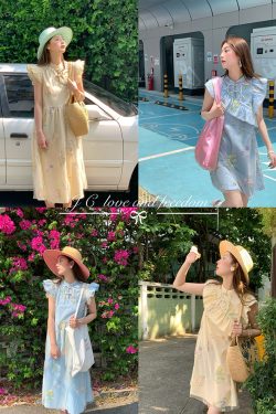 Summer of Cicadas Chinese Style Embroidered Button Short Sleeve Dress for Women - Vintage Short Flutter Sleeve Skirt