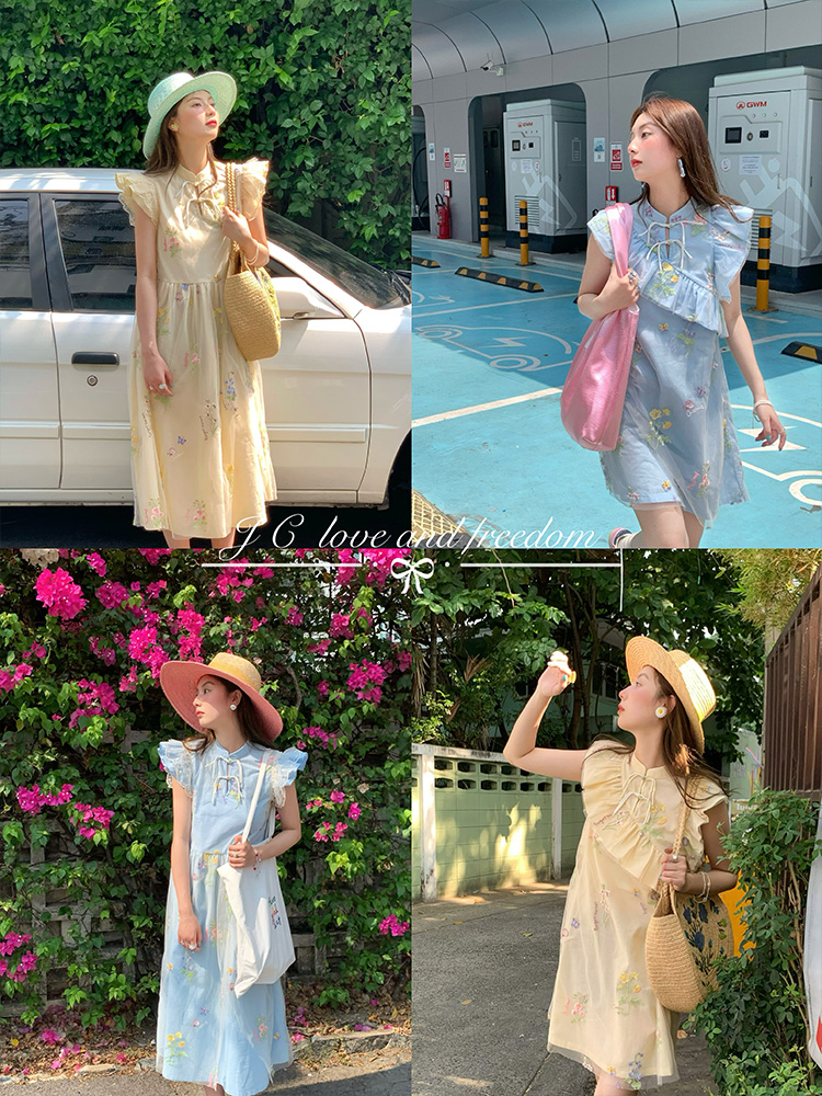 Summer of Cicadas Chinese Style Embroidered Button Short Sleeve Dress for Women - Vintage Short Flutter Sleeve Skirt Summer of Cicadas Chinese Style Embroidered Button Short Sleeve Dress for Women - Vintage Short Flutter Sleeve Skirt