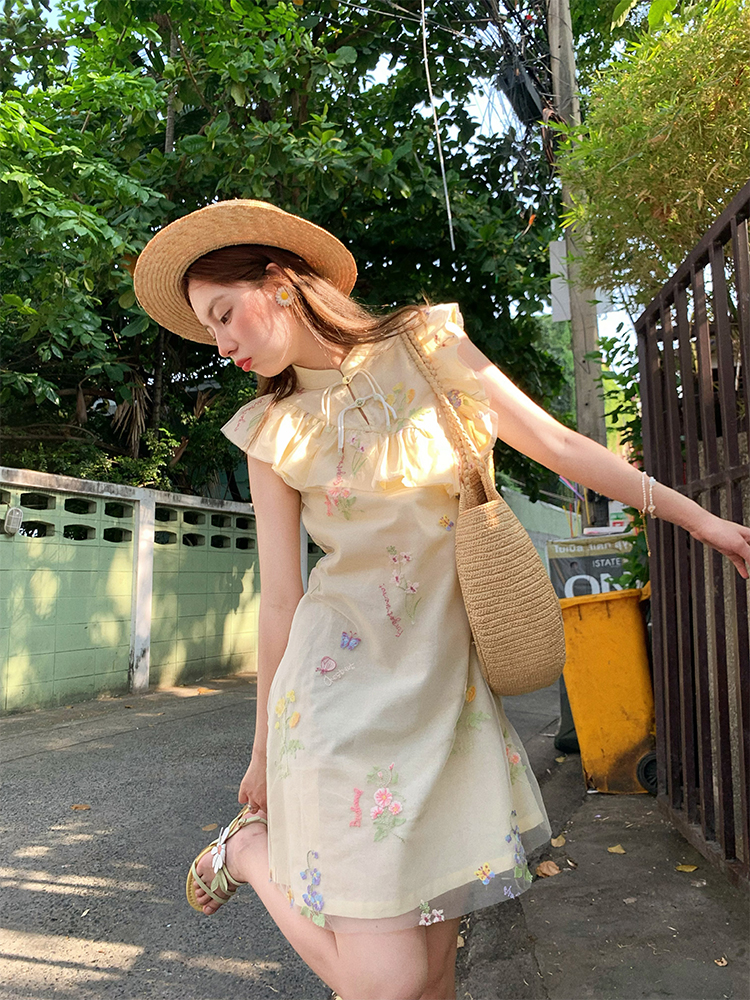 Summer of Cicadas Chinese Style Embroidered Button Short Sleeve Dress for Women - Vintage Short Flutter Sleeve Skirt Summer of Cicadas Chinese Style Embroidered Button Short Sleeve Dress for Women - Vintage Short Flutter Sleeve Skirt
