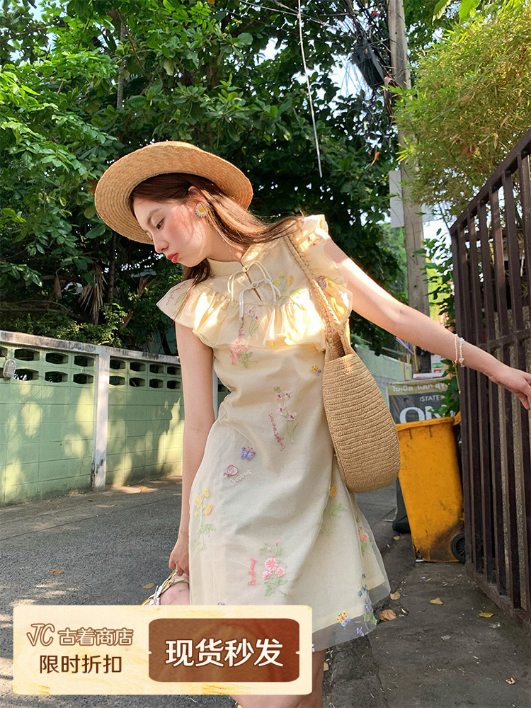 Summer of Cicadas Chinese Style Embroidered Button Short Sleeve Dress for Women - Vintage Short Flutter Sleeve Skirt Summer of Cicadas Chinese Style Embroidered Button Short Sleeve Dress for Women - Vintage Short Flutter Sleeve Skirt