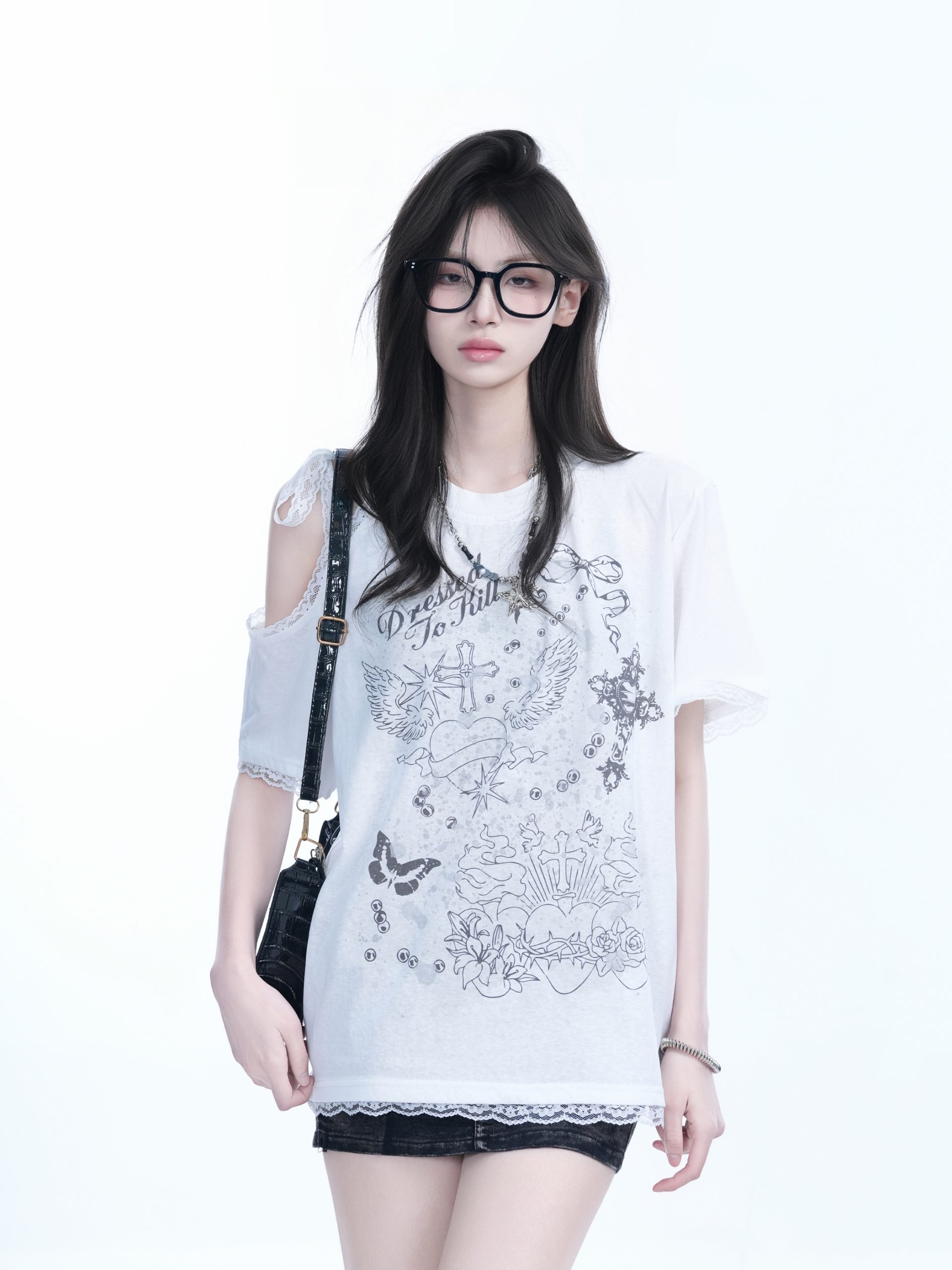 Summer Off-Shoulder Lace Spliced Short Sleeve T-Shirt for Women - Sweet Loose Fit, Trendy Ins Style, Perfect for 90s Y2K Looks Summer Off-Shoulder Lace Spliced Short Sleeve T-Shirt for Women - Sweet Loose Fit, Trendy Ins Style, Perfect for 90s Y2K Looks