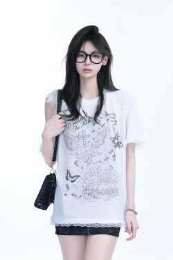 Summer Off-Shoulder Lace Spliced Short Sleeve T-Shirt for Women - Sweet Loose Fit, Trendy Ins Style, Perfect for 90s Y2K Looks