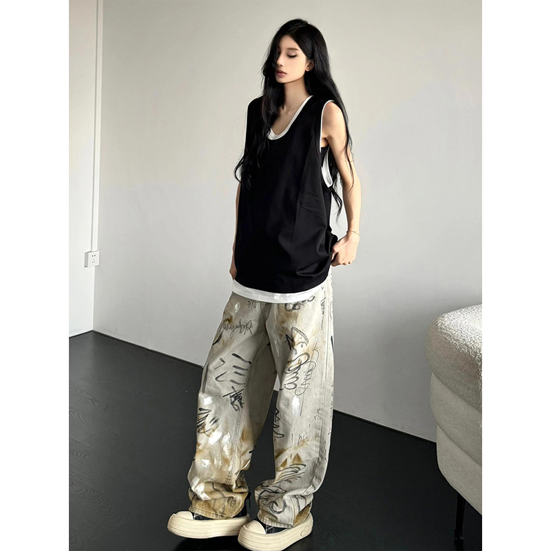 Summer Patchwork Sleeveless T-shirt Vest for Women, Loose American Street Style Two-Piece Top, Trendy Casual Fashion Summer Patchwork Sleeveless T-shirt Vest for Women, Loose American Street Style Two-Piece Top, Trendy Casual Fashion