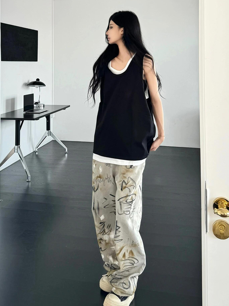 Summer Patchwork Sleeveless T-shirt Vest for Women, Loose American Street Style Two-Piece Top, Trendy Casual Fashion Summer Patchwork Sleeveless T-shirt Vest for Women, Loose American Street Style Two-Piece Top, Trendy Casual Fashion