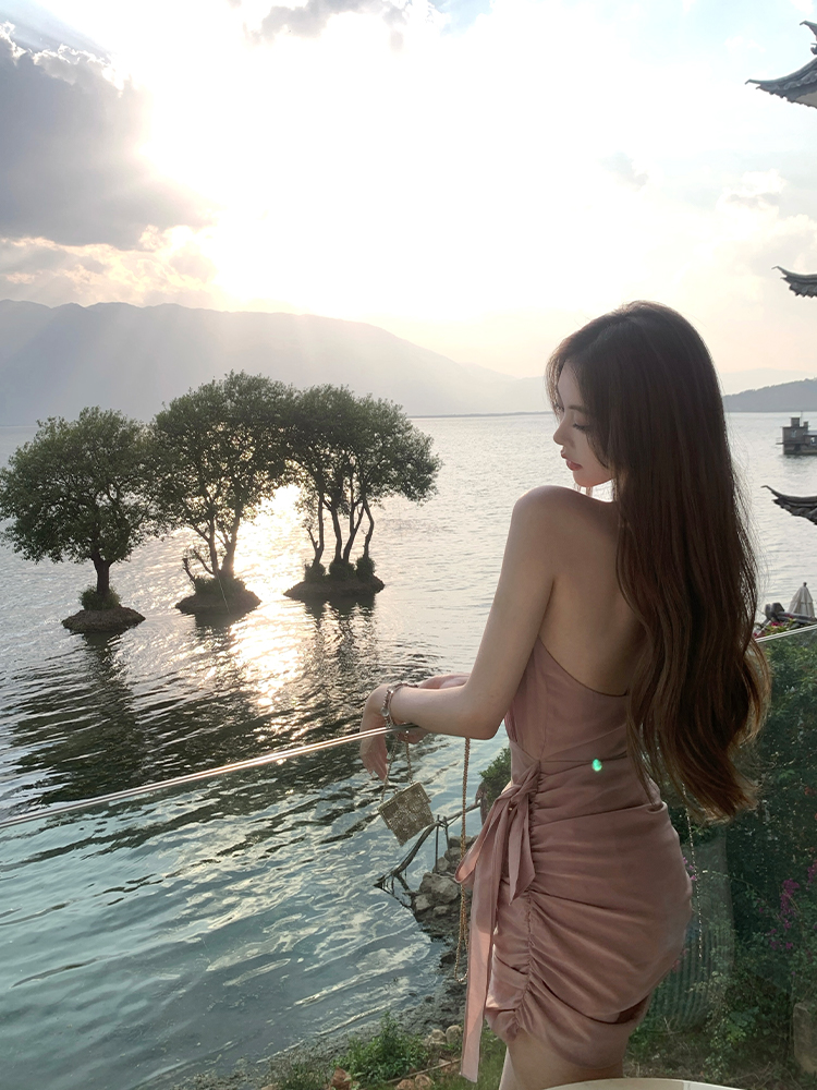 Summer Pink Backless Ruffled Chain Bodycon Halter Mini Dress with Kyoto Falling Cherry Blossoms Design Summer Pink Backless Ruffled Chain Bodycon Halter Mini Dress with Kyoto Falling Cherry Blossoms Design