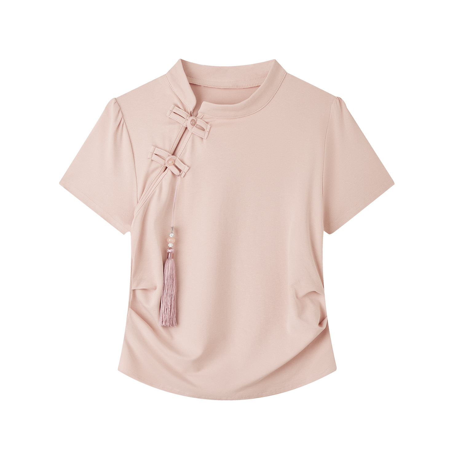 Summer Pink Cropped T-Shirt for Women, Chinese-Style Buttoned Short Sleeve, Slim-Fit Waist-Defining Top, American Fashion Summer Pink Cropped T-Shirt for Women, Chinese-Style Buttoned Short Sleeve, Slim-Fit Waist-Defining Top, American Fashion