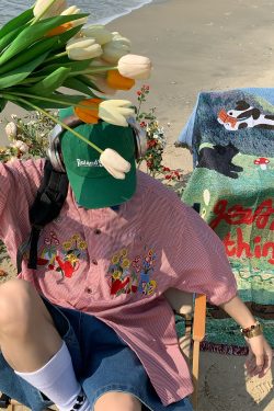 Summer Retro Floral Embroidery Short Sleeve Shirt with Denim Collar - Trendy Couple Plaid Top for 90s Y2K Style Fashion