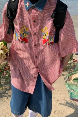 Summer Retro Floral Embroidery Short Sleeve Shirt with Denim Collar - Trendy Couple Plaid Top for 90s Y2K Style Fashion
