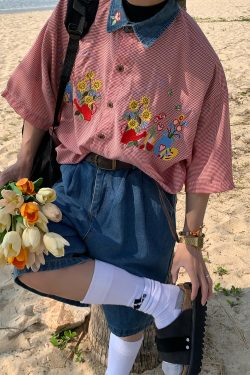 Summer Retro Floral Embroidery Short Sleeve Shirt with Denim Collar - Trendy Couple Plaid Top for 90s Y2K Style Fashion