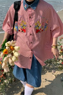 Summer Retro Floral Embroidery Short Sleeve Shirt with Denim Collar - Trendy Couple Plaid Top for 90s Y2K Style Fashion