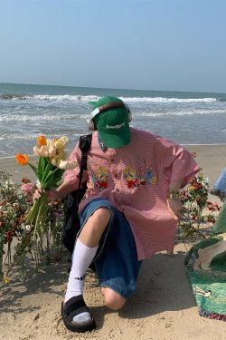 Summer Retro Floral Embroidery Short Sleeve Shirt with Denim Collar - Trendy Couple Plaid Top for 90s Y2K Style Fashion