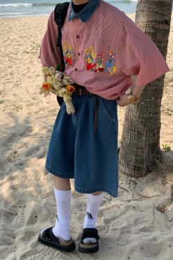 Summer Retro Floral Embroidery Short Sleeve Shirt with Denim Collar - Trendy Couple Plaid Top for 90s Y2K Style Fashion