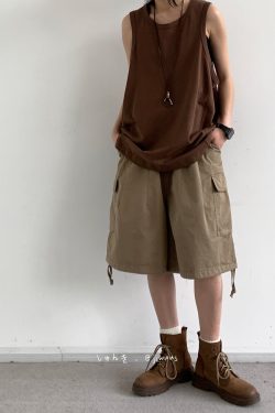 Summer Retro Khaki Cargo Shorts for Men and Women - Oversized Loose Multi-Pocket Straight Five-Point Pants