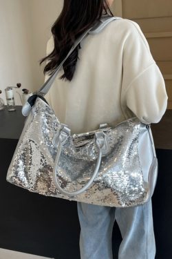 Summer Sequined Tote Bag for Women, Lightweight Large-Capacity Travel & Gym Bag, Stylish Short Trip Luggage