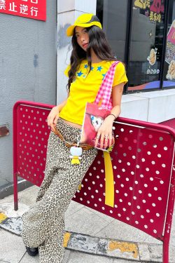 Summer Short-Sleeve T-Shirt for Women with Pentagram Print, Fitted ABG Style, Trendy Y2K Aesthetic