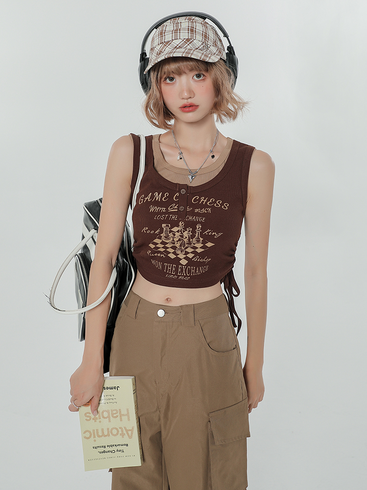 Summer Slim Fit Camisole T-Shirt - American Sweet Cool Style Sleeveless Fake Two-Piece Top for Women Summer Slim Fit Camisole T-Shirt - American Sweet Cool Style Sleeveless Fake Two-Piece Top for Women