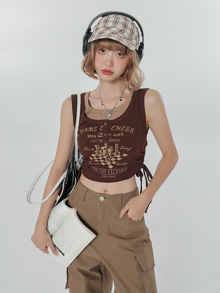 Summer Slim Fit Camisole T-Shirt - American Sweet Cool Style Sleeveless Fake Two-Piece Top for Women Summer Slim Fit Camisole T-Shirt - American Sweet Cool Style Sleeveless Fake Two-Piece Top for Women