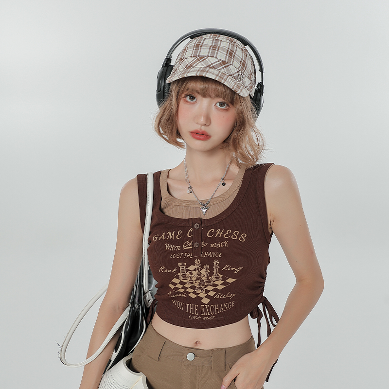 Summer Slim Fit Camisole T-Shirt - American Sweet Cool Style Sleeveless Fake Two-Piece Top for Women Summer Slim Fit Camisole T-Shirt - American Sweet Cool Style Sleeveless Fake Two-Piece Top for Women