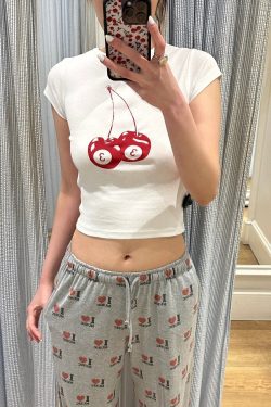Summer Slim-Fit Cropped T-Shirt for Women - Youthful Korean Design with Trendy Print