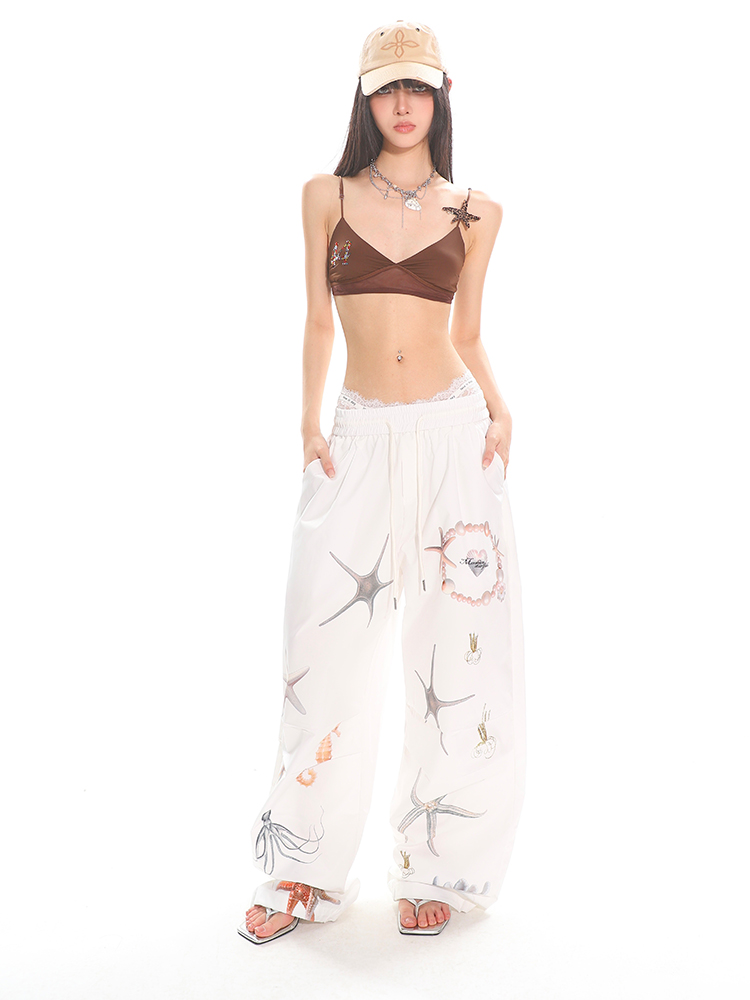 Summer Starfish Shell Print Casual Straight Pants for Work - American Design, Trendy and Comfortable, Perfect for Everyday Wear Summer Starfish Shell Print Casual Straight Pants for Work - American Design, Trendy and Comfortable, Perfect for Everyday Wear