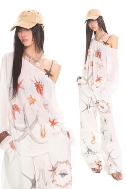 Summer Starfish Shell Print Casual Straight Pants for Work - American Design, Trendy and Comfortable, Perfect for Everyday Wear